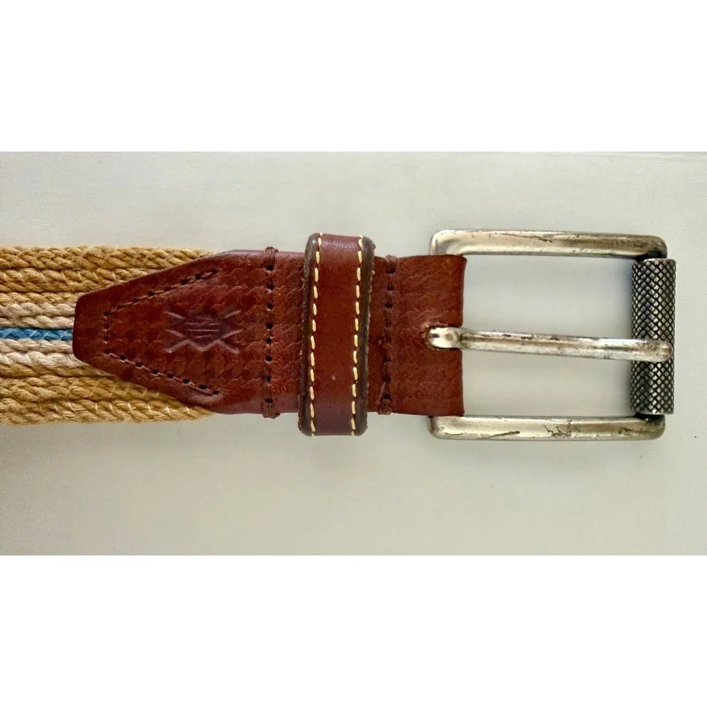 Martin‎ Dingman Old Money Sz 35 Preppy Woven Canvas & Italian Leather Belt Blue